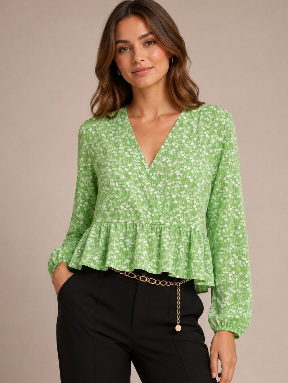 LOFT Light Green Floral V-Neck Peplum Blouse